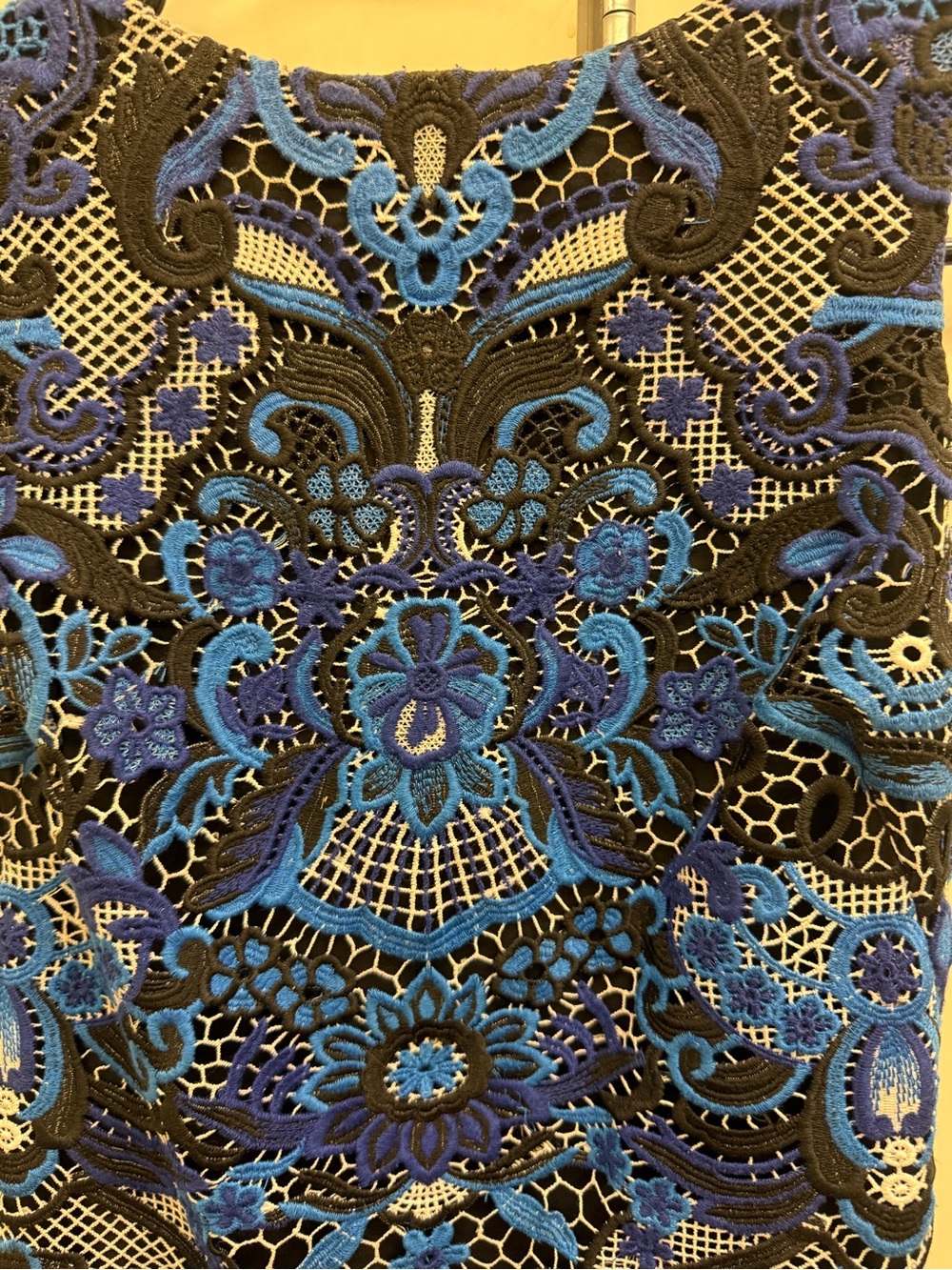 Badgley Mischka Blue Patterned Lace/Mesh Overlay Midi Sheath Dress - Picture 3 of 12